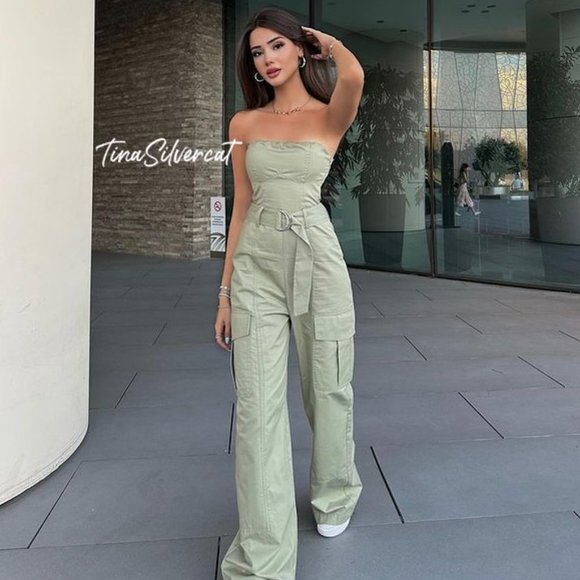 Zara Pants - Zara Strapless Jumpsuit Light Khaki NWT